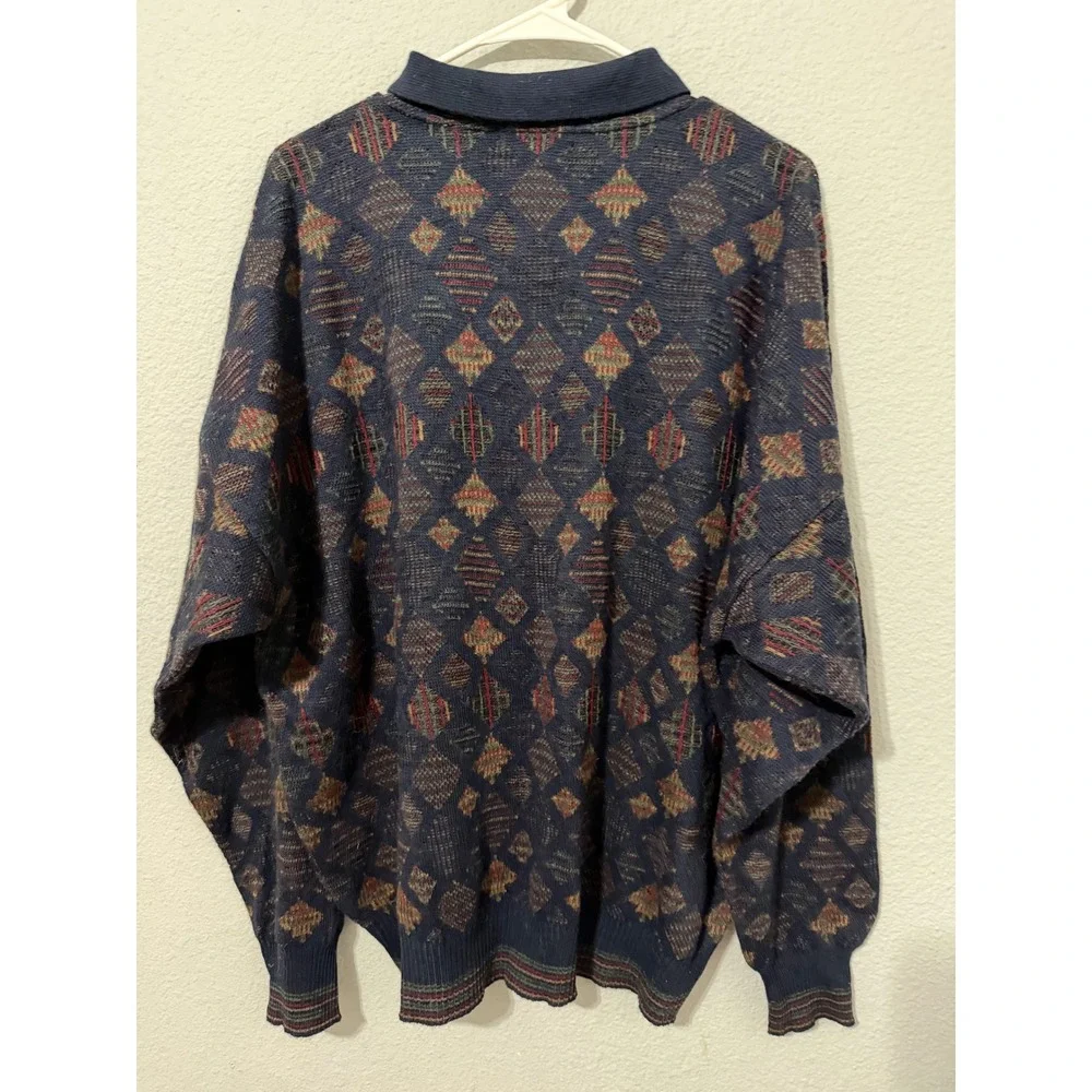 Vintage 80s The Italian Sweater Men L Wool Blend Navy Diamond Knit Polo Sweater